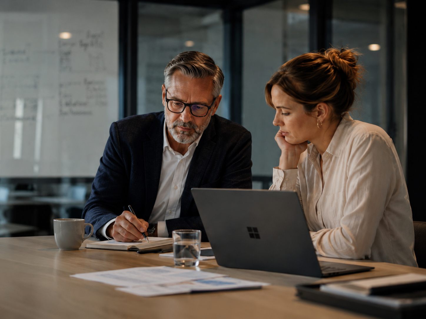 A senior strategist and a colleague review notes at a meeting table, a Surface laptop between them; behind them a glass whiteboard reads AI DEPLOYMENT — PEOPLE, PROCESS, GOVERNANCE, CONTROLS — GUIDE > DELIVER.
